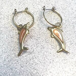 Gold Dolphin Hoop Dangling Earrings